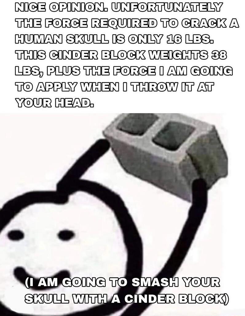 I0CE EPIHICRN UNFORTUNATEL THE FOREE REQUIRED TO CRAGK A COURIAN SCIULL 1S G 46 LBS TS CIHRER BLOCK WEIEHTS 83 U335 PLHUS THE FOREE Al T APPLY WHEN 0 THReW ir A7 O SMAsK SV WU CiNDER BEYRE