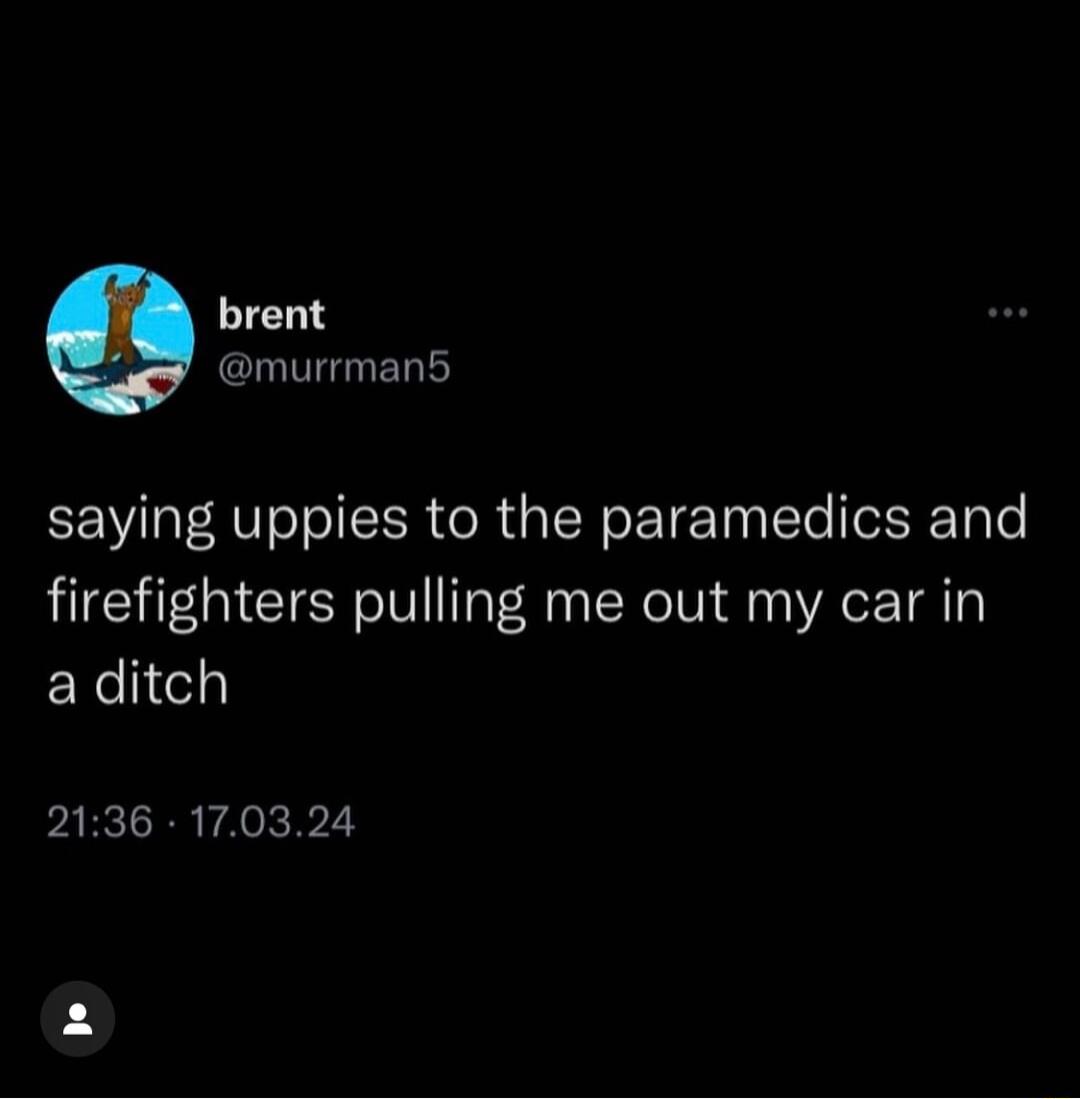 brent CIVIIEG saying uppies to the paramedics and firefighters pulling me out my car in EXelicedy PARTRR VAR M2