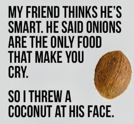 MY FRIEND THINKS HE'S SMART. HE SAID ONIONS ARE THE ONLY FOOD THAT MAKE YOU CRY. SO I THREW A COCONUT AT HIS FACE.