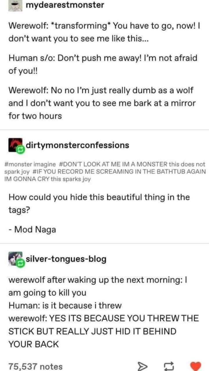 mydearestmonster Werewolf transforming You have to go now dont want you to see me like this Human so Dont push me away Im not afraid of you Werewolf No no Im just really dumb as a wolf and dont want you to see me bark at a mirror for two hours dirtymonsterconfessions monster imagine DONT LOOK AT ME IM A MONSTER this does not spark joy IF YOU RECORD ME SCREAMING IN THE BATHTUB AGAIN IM GONNA CRY th