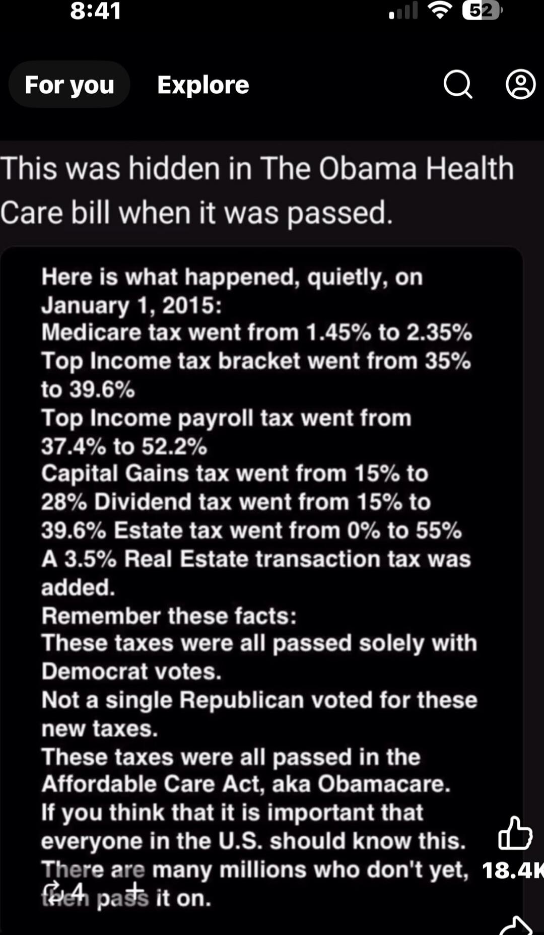 This was hidden in The Obama Health Care bill when it was passed.

Here is what happened, quietly, on January 1, 2015:
Medicare tax went from 1.45% to 2.35%
Top Income tax bracket went from 35% to 39.6%
Top Income payroll tax went from 37.4% to 52.2%
Capital Gains tax went from 15% to 28%
Dividend tax went from 15% to 39.6%
Estate tax went from 0% 