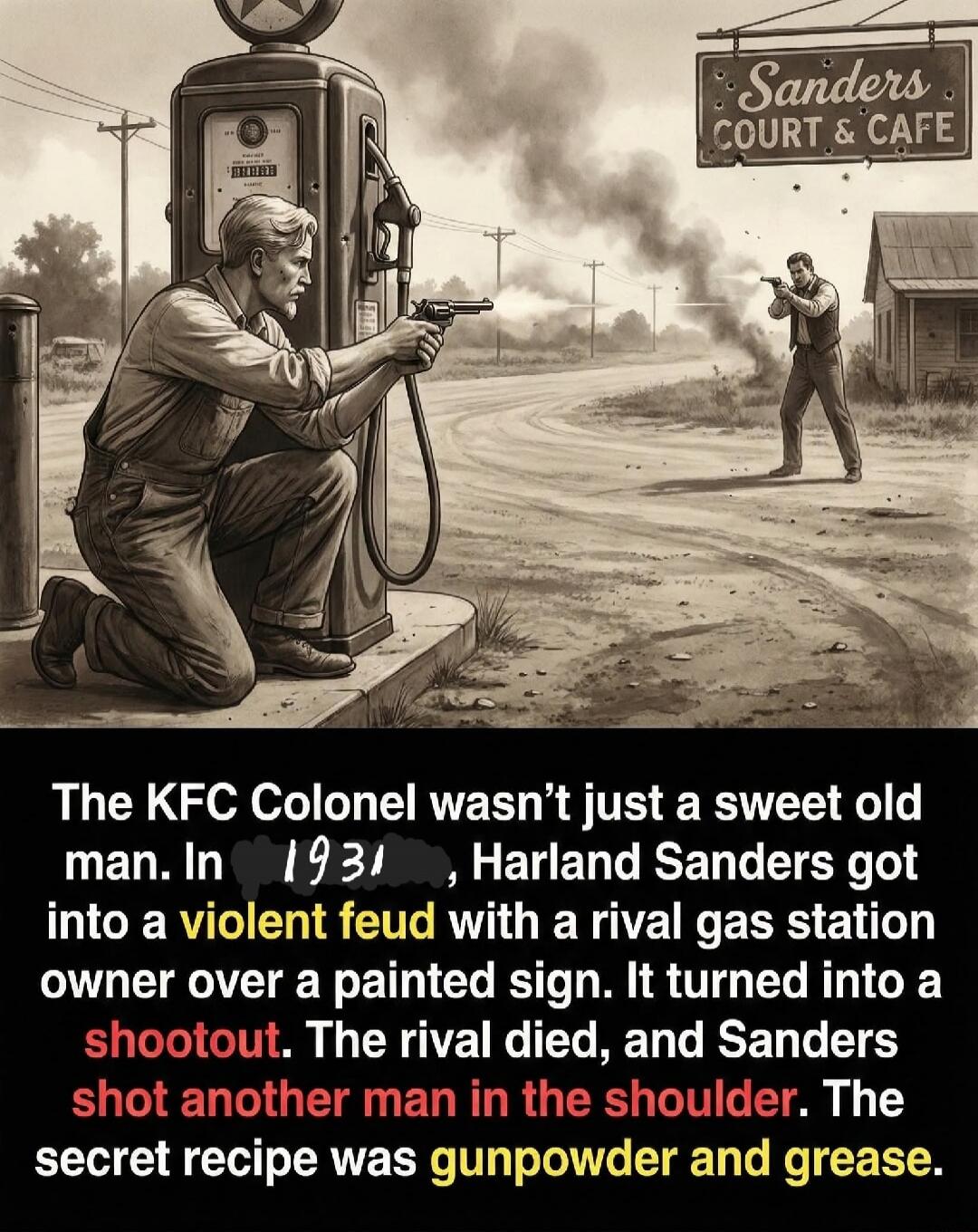 The KFC Colonel wasn’t just a sweet old man. In 1931, Harland Sanders got into a violent feud with a rival gas station owner over a painted sign. It turned into a shootout. The rival died, and Sanders shot another man in the shoulder. The secret recipe was gunpowder and grease.