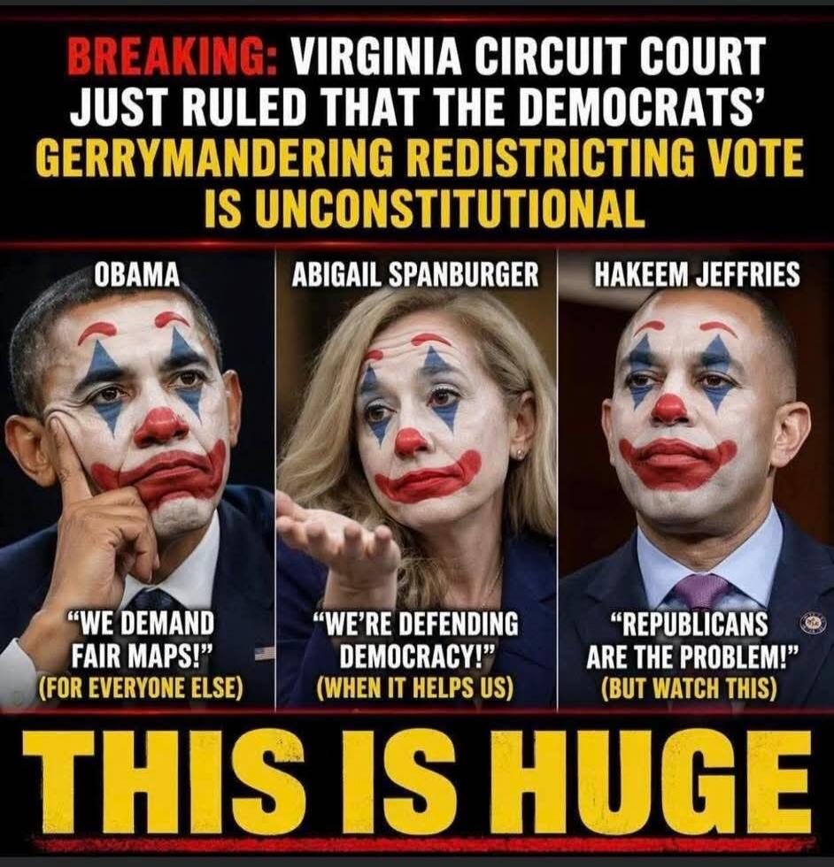 BREAKING: VIRGINIA CIRCUIT COURT JUST RULED THAT THE DEMOCRATS' GERRYMANDERING REDISTRICTING VOTE IS UNCONSTITUTIONAL. OBAMA: 