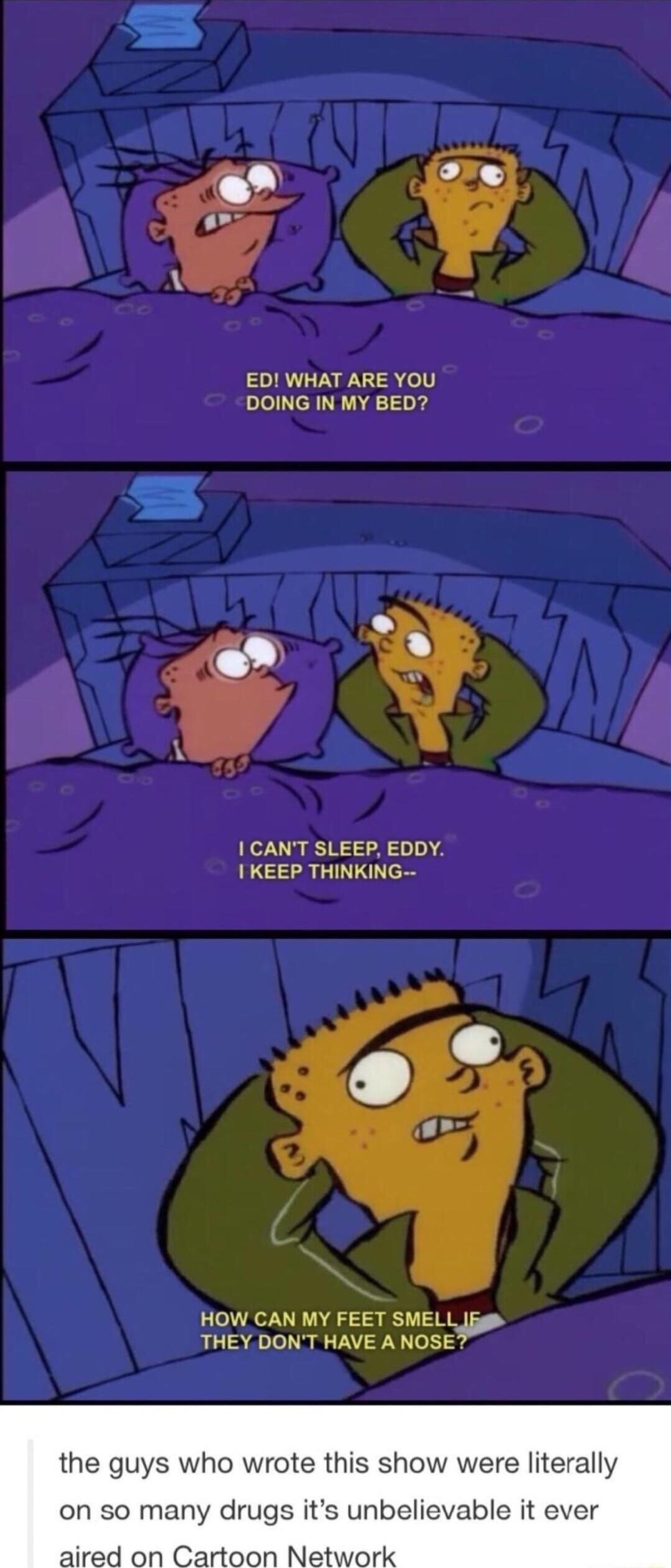 ED WHAT ARE YOU DOING IN MY BED CANT SLEEP EDDY I KEEP THINKING HOW CAN MY FEET SMELL_ THEY DONT HAVE A NOSE e guys who wrote this show were literally on so many drugs its unbelievable it ever