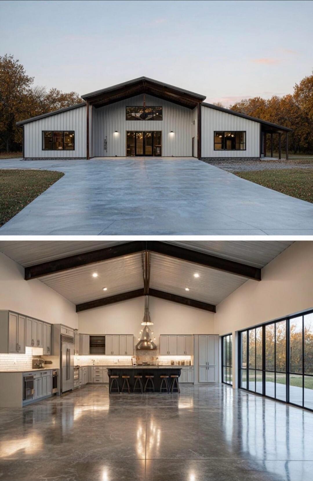 A modern barn-style house with a spacious, open-plan interior featuring a large kitchen.