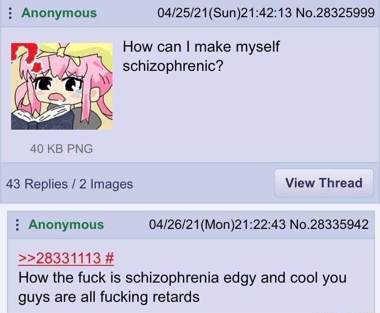 i Anonymous 042521Sun214213 No28325999 How can make myself schizophrenic 40KB PNG 43 Replies 2 Images View Thread i Anonymous 042621Mon212243 No28335942 28331113 How the fuck is schizophrenia edgy and cool you guys are all fucking retards
