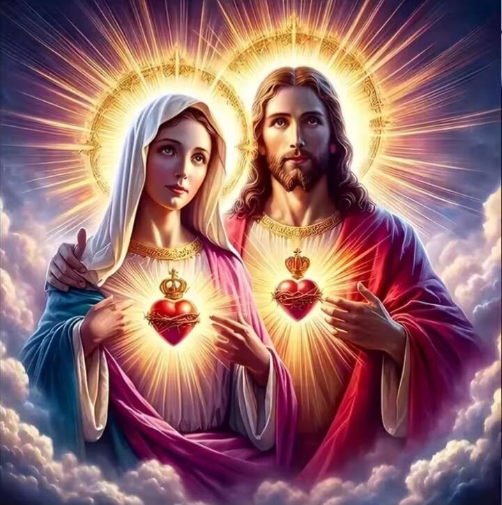The image depicts a religious artwork featuring Jesus Christ and the Virgin Mary. Both figures are surrounded by a radiant halo and clouds, symbolizing their divine presence. They are shown with their hands over their chests, where glowing hearts with crowns are visible. The artwork is rendered in a style that evokes classical religious paintings, 