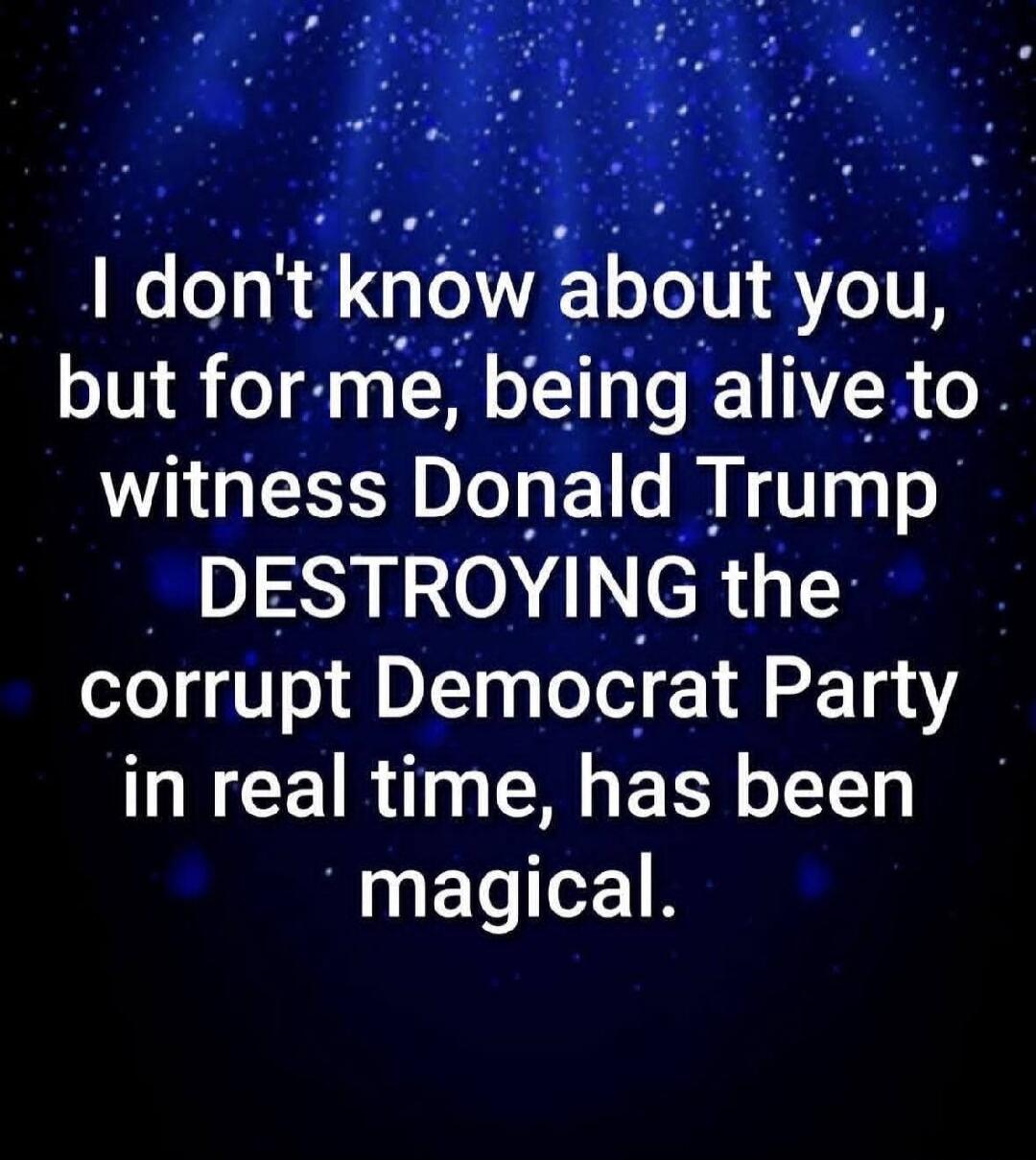 I don't know about you, but for me, being alive to witness Donald Trump DESTROYING the corrupt Democrat Party in real time, has been magical.
