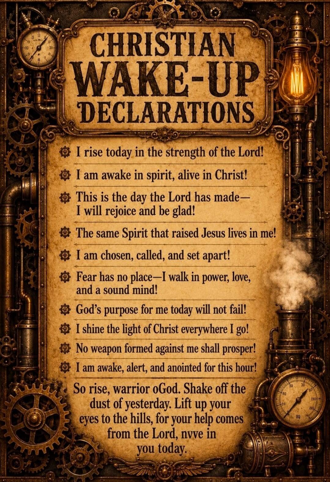 CHRISTIAN WAKE-UP DECLARATIONS. I rise today in the strength of the Lord! I am awake in spirit, alive in Christ! This is the day the Lord has made—I will rejoice and be glad! The same Spirit that raised Jesus lives in me! I am chosen, called, and set apart! Fear has no place—I walk in power, love, and a sound mind! God's purpose for me today will n