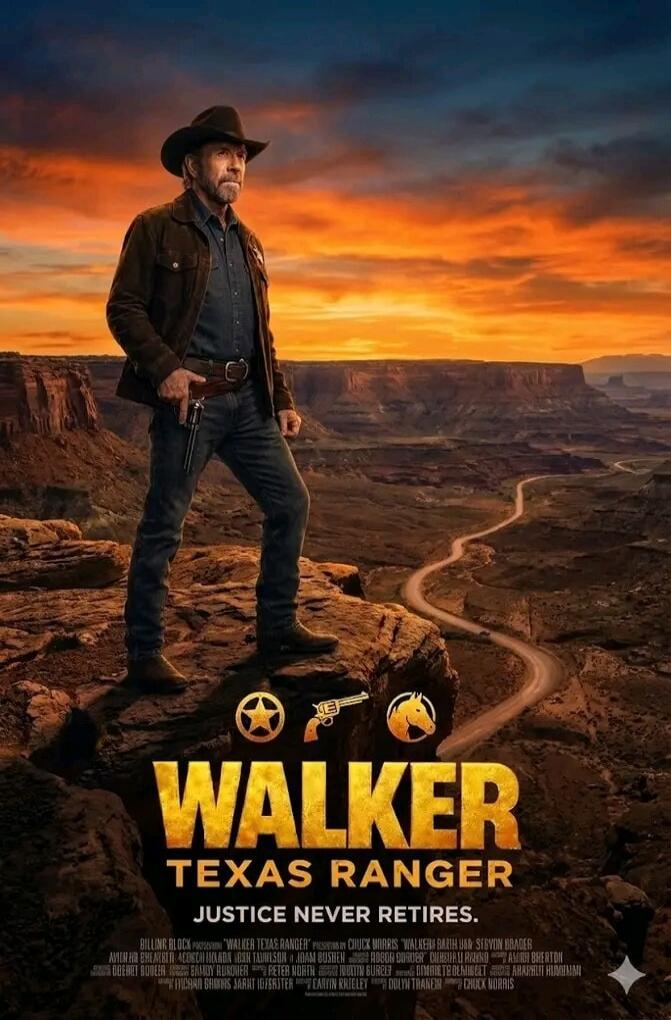 WALKER TEXAS RANGER. JUSTICE NEVER RETIRES. Movie credits listing cast and crew including Chuck Norris, Jared Padalecki, Justin Lin, and others.