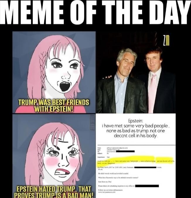 MEME OF THE DAY
TRUMP WAS BEST FRIENDS WITH EPSTEIN!
EPSTEIN HATED TRUMP, THAT PROVES TRUMP IS A BAD MAN!
Epstein: I have met some very bad people. none as bad as trump. not one decent cell in his body.