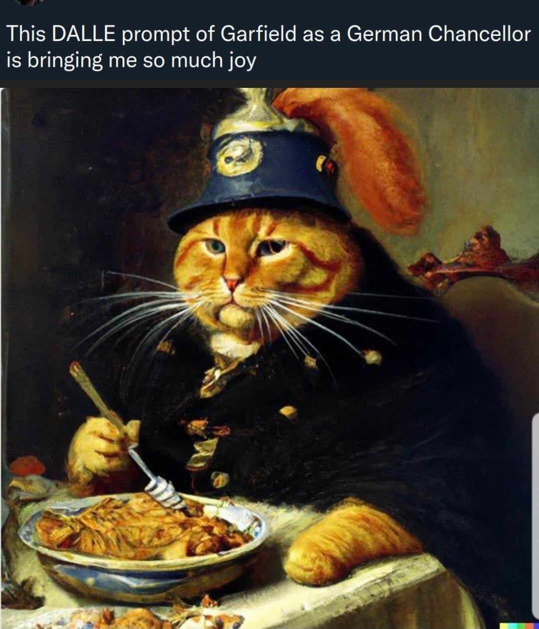 This DALLE prompt of Garfield as a German Chancellor is bringing me so much joy