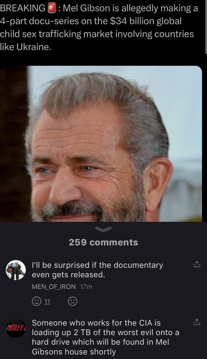 BREAKING Mel Gibson is allegedly making a 4 part docu series on the 34 billion global child sex trafficking market involving countries like Ukraine 259 comments Ill be surprised if the documentary ful i even gets released MEN_OF_IRON 17m OF Someone who works for the CIA is fu loading up 2 TB of the worst evil onto a hard drive which will be found in Mel Gibsons house shortly