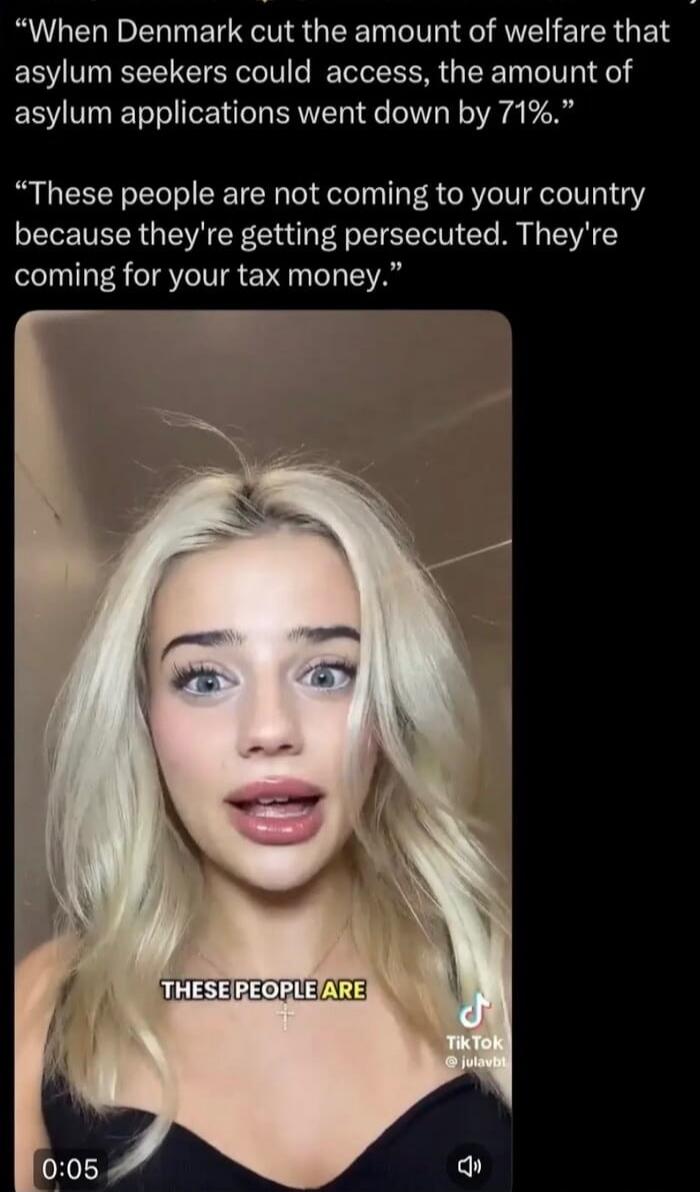 When Denmark cut the amount of welfare that asylum seekers could access, the amount of asylum applications went down by 71%. These people are not coming to your country because they're getting persecuted. They're coming for your tax money.