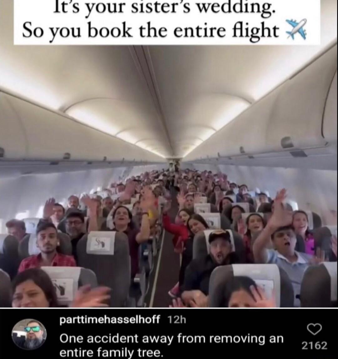 1ts your sisters wedding So you book the entire flight 3 parttimehasselhoff One accident away from removing an entire family tree