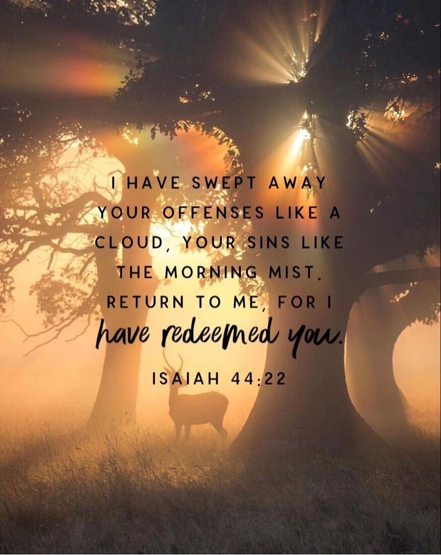 I HAVE SWEPT AWAY YOUR OFFENSES LIKE A CLOUD, YOUR SINS LIKE THE MORNING MIST. RETURN TO ME, FOR I HAVE REDEEMED YOU. ISAIAH 44:22