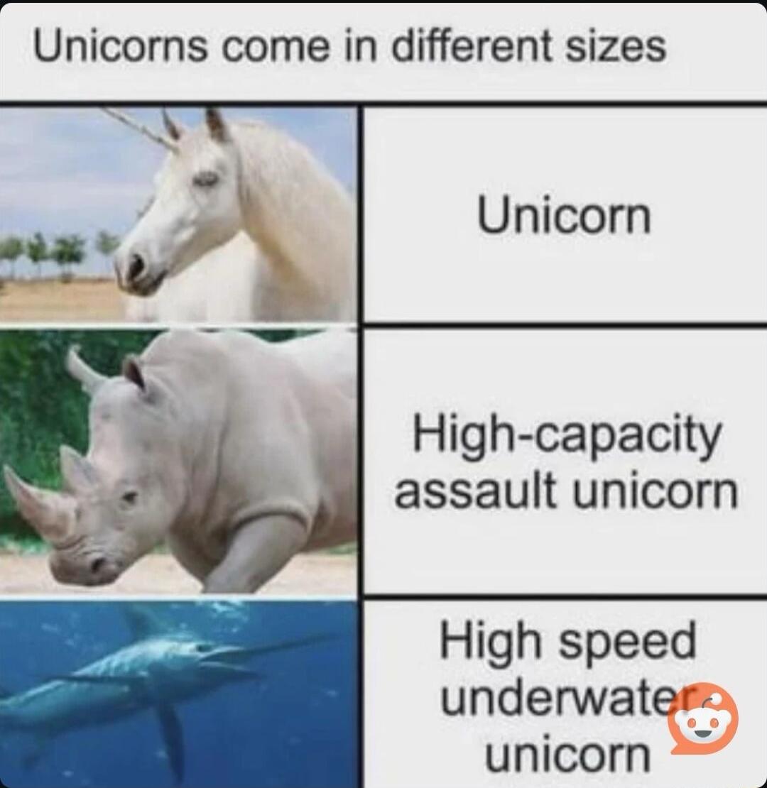 Unicorns come in different sizes Unicorn High capacity assault unicorn High speed underwate unicorn