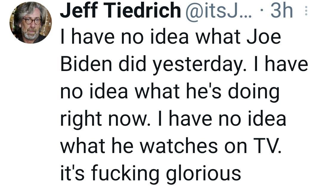 Jeff Tiedrich itsJ 3h have no idea what Joe Biden did yesterday have no idea what hes doing right now have no idea what he watches on TV its fucking glorious