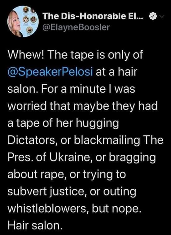 The Dis Honorable El ElayneBoosler Whew The tape is only of I CI R 1 R 114 salon For a minute was worried that maybe they had a tape of her hugging Dictators or blackmailing The Pres of Ukraine or bragging about rape or trying to subvert justice or outing whistleblowers but nope Hair salon