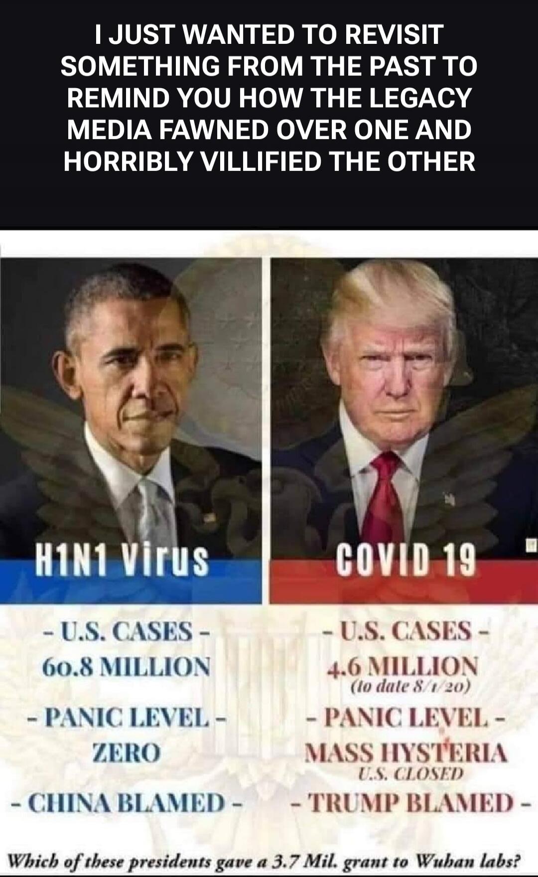 I just wanted to revisit something from the past to remind you how the legacy media fawned over one and horribly villified the other. H1N1 Virus: U.S. Cases - 60.8 Million, Panic Level - Zero, China Blamed -. COVID 19: U.S. Cases - 4.6 Million (to date 8/1/20), Panic Level - Mass Hysteria U.S. Closed, Trump Blamed -. Which of these presidents gave 