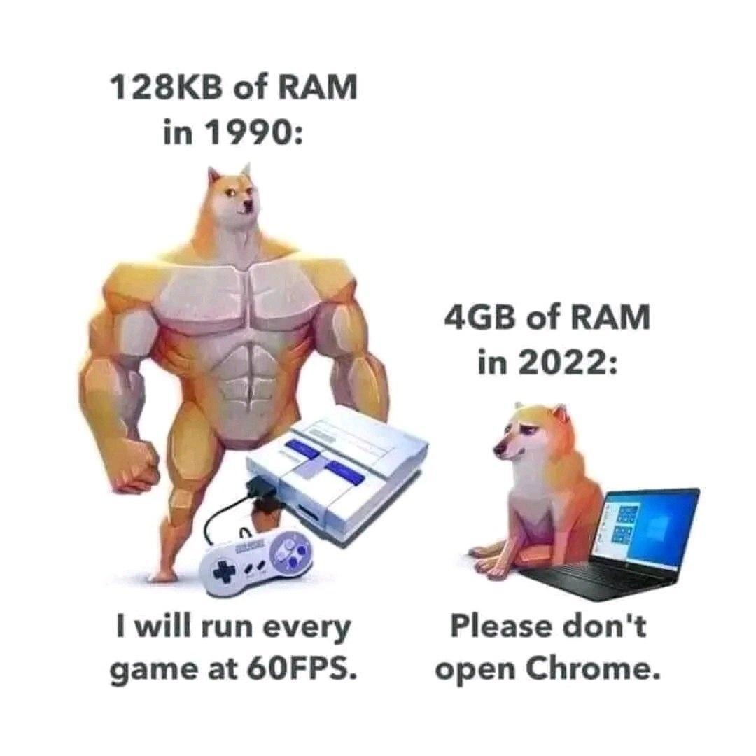 128KB of RAM in 1990 4GB of RAM in 2022 I will run every Please dont game at 60FPS open Chrome