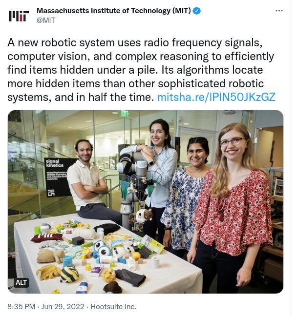 Massachusetts Institute of Technology MIT emr A new robotic system uses radio frequency signals computer vision and complex reasoning to efficiently find items hidden under a pile lts algorithms locate more hidden items than other sophisticated robotic systems and in half the time mitshareIPINS0JKzGZ