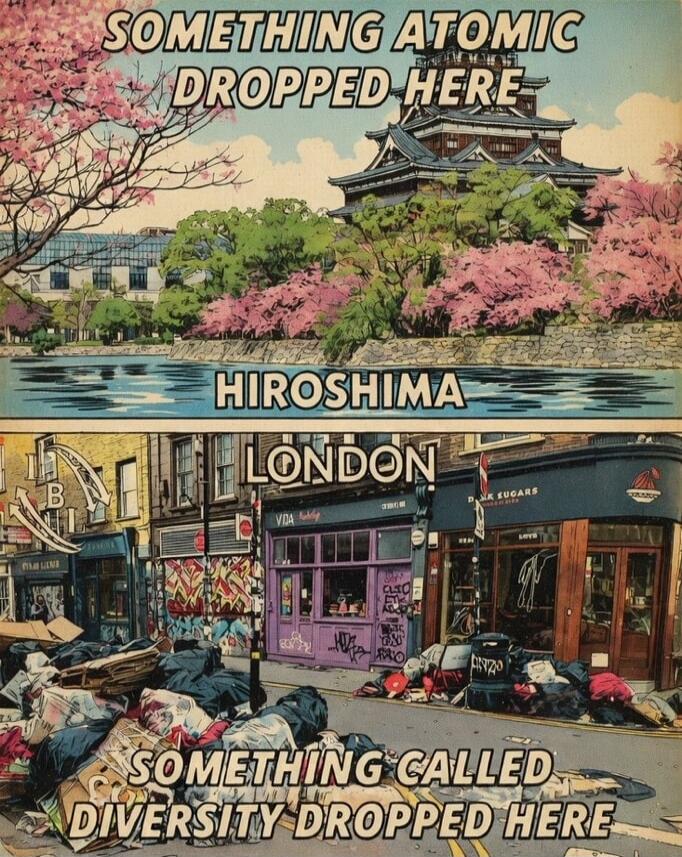 SOMETHING ATOMIC DROPPED HERE HIROSHIMA LONDON SOMETHING CALLED DIVERSITY DROPPED HERE