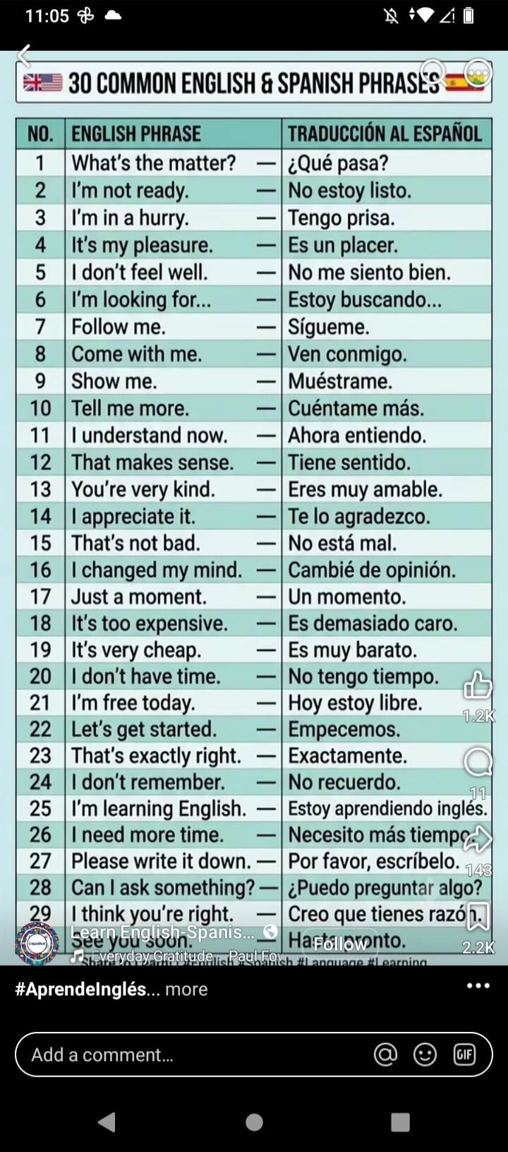30 COMMON ENGLISH & SPANISH PHRASES. 1. What's the matter? 2. I'm not ready. 3. I'm in a hurry. 4. It's my pleasure. 5. I don't feel well. 6. I'm looking for... 7. Follow me. 8. Come with me. 9. Show me. 10. Tell me more. 11. I understand now. 12. That makes sense. 13. You're very kind. 14. I appreciate it. 15. That's not bad. 16. I changed my mind