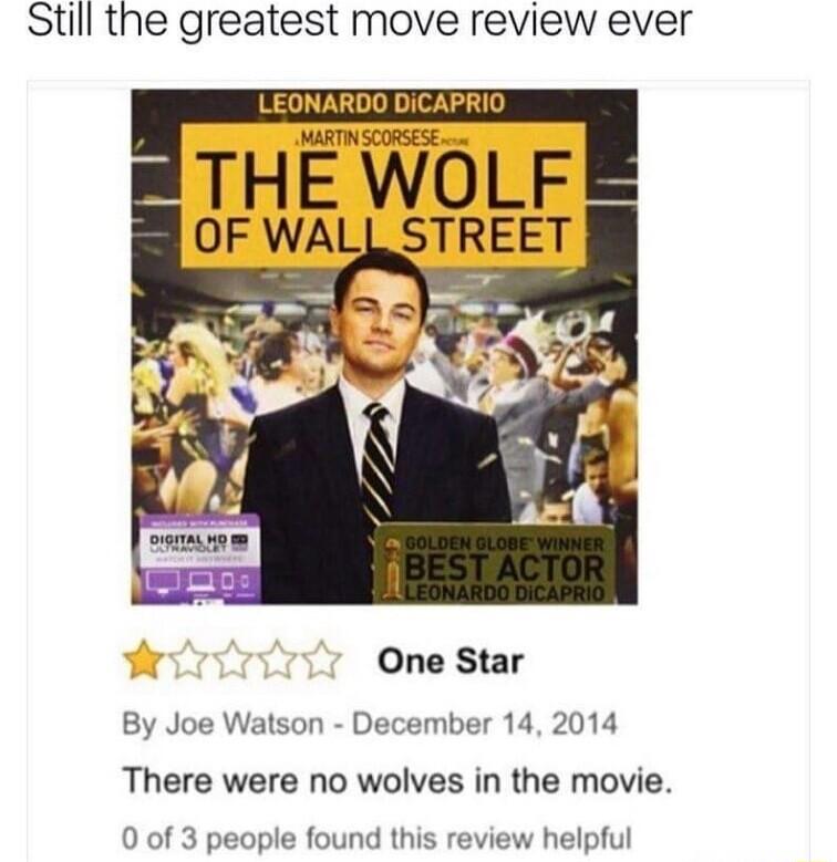 Still the greatest move review ever LEONARDO DICAPRIO MARTNSCORSESE THE WOLF One Star By Joe Watson December 14 2014 There were no wolves in the movie 0 of 3 people found this review helpful