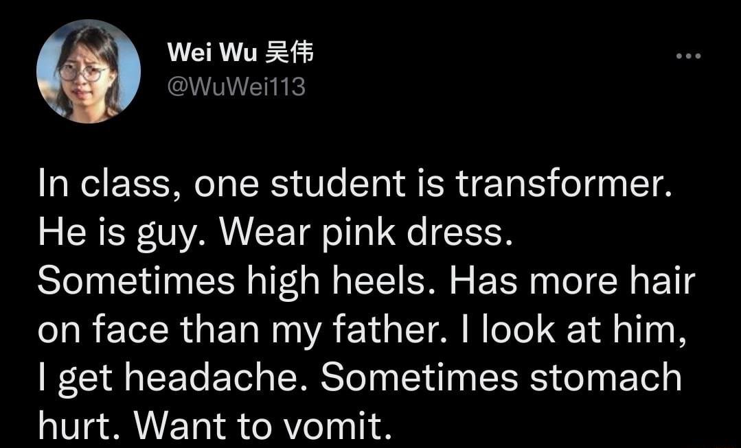 w Wei Wu 25 i113 In class one student is transformer He is guy Wear pink dress Sometimes high heels Has more hair on face than my father look at him get headache Sometimes stomach hurt Want to vomit