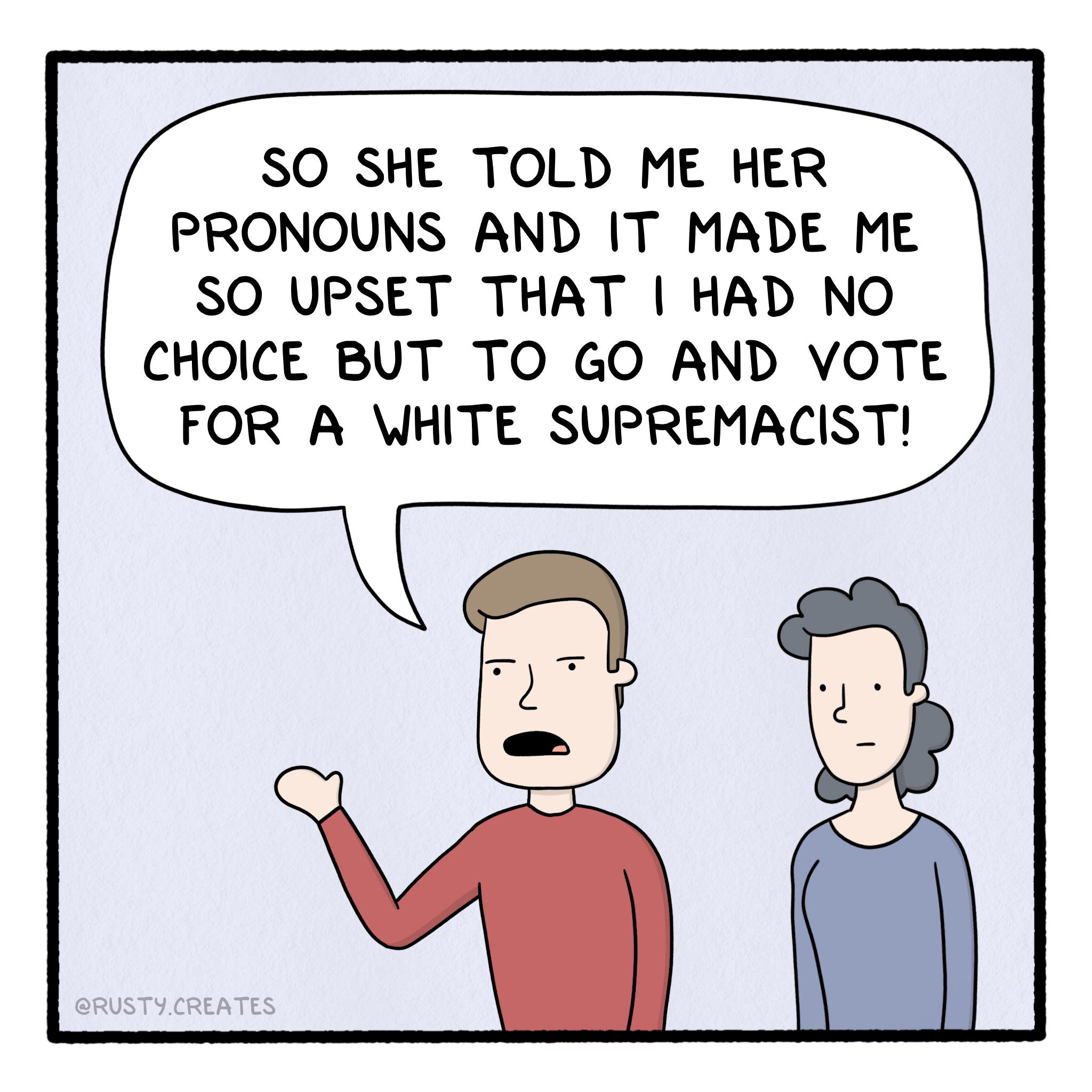 SO SHE TOLD ME HER PRONOUNS AND IT MADE ME SO UPSET THAT HAD NO CHOICE BUT TO GO AND VOTE FOR A WHITE SUPREMACIST