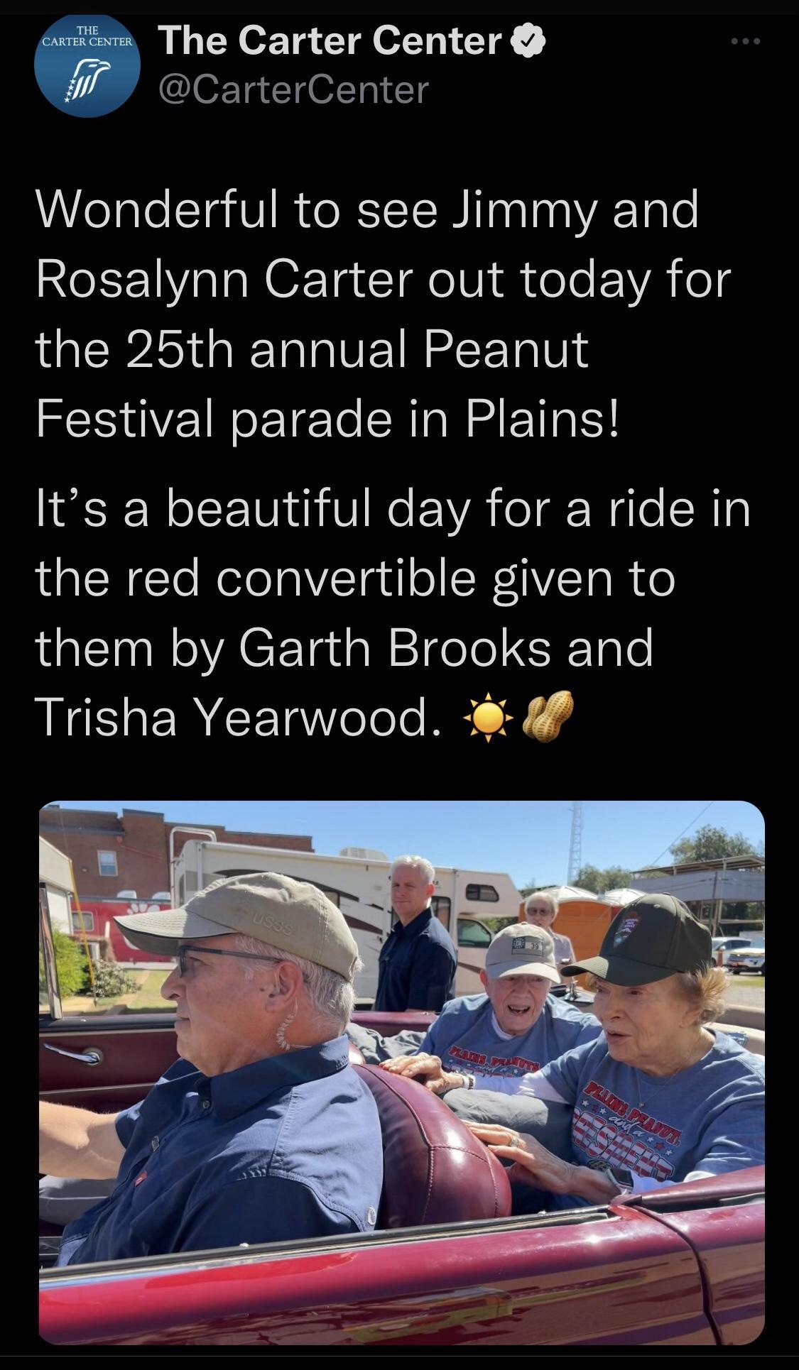 The Carter Center CarterCenter Wonderful to see Jimmy and Rosalynn Carter out today for the 25th annual Peanut Festival parade in Plains 1SN oS 1V e VA o F Wale SW 1 the red convertible given to them by Garth Brooks and U ERCE e A 2 4