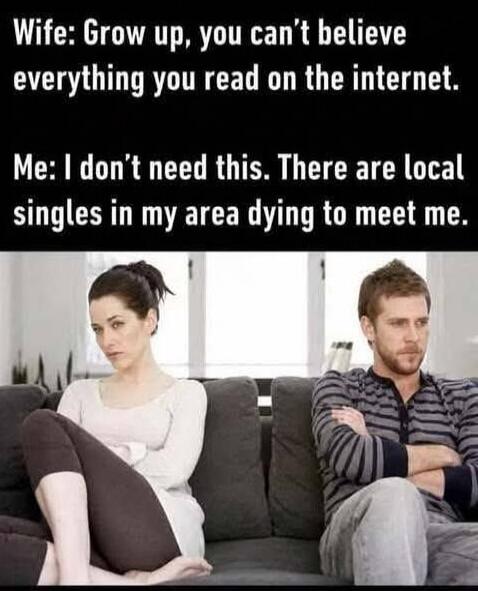 Wife: Grow up, you can't believe everything you read on the internet. Me: I don't need this. There are local singles in my area dying to meet me.