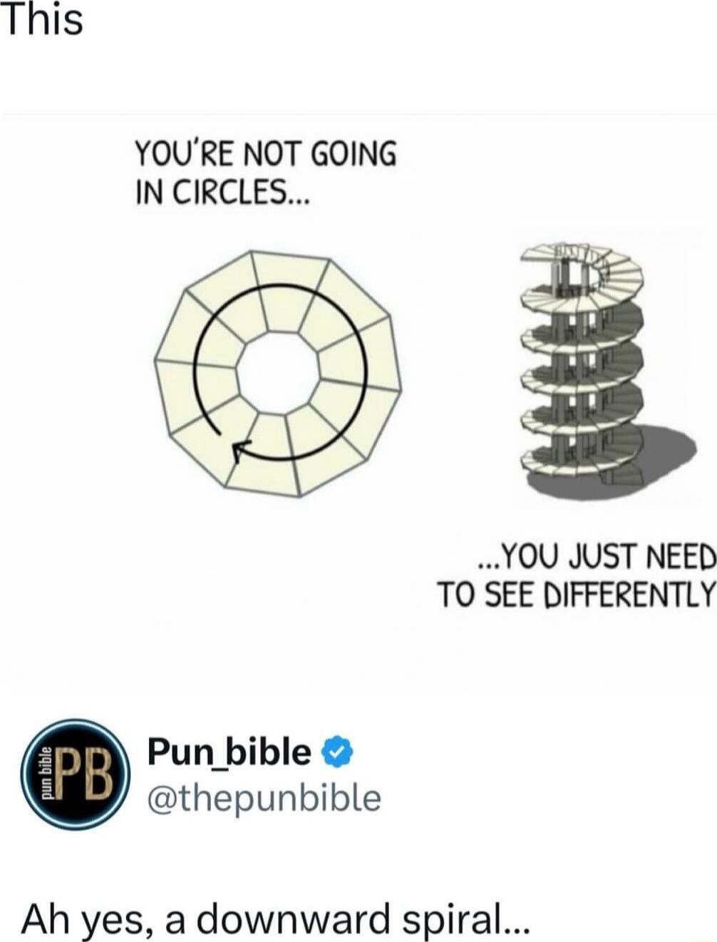 This YOURE NOT GOING IN CIRCLES YOU JUST NEED TO SEE DIFFERENTLY Pun_bible thepunbible Ah yes a downward spiral