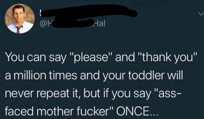 0 F Aal You can say please and thank you EXalTelaRilaatSiTale AVeI T oo o STRNYII never repeat it but if you say ass faced mother fucker ONCE