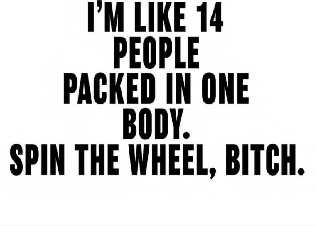 I'M LIKE 14 PEOPLE PACKED IN ONE BODY. SPIN THE WHEEL, BITCH.