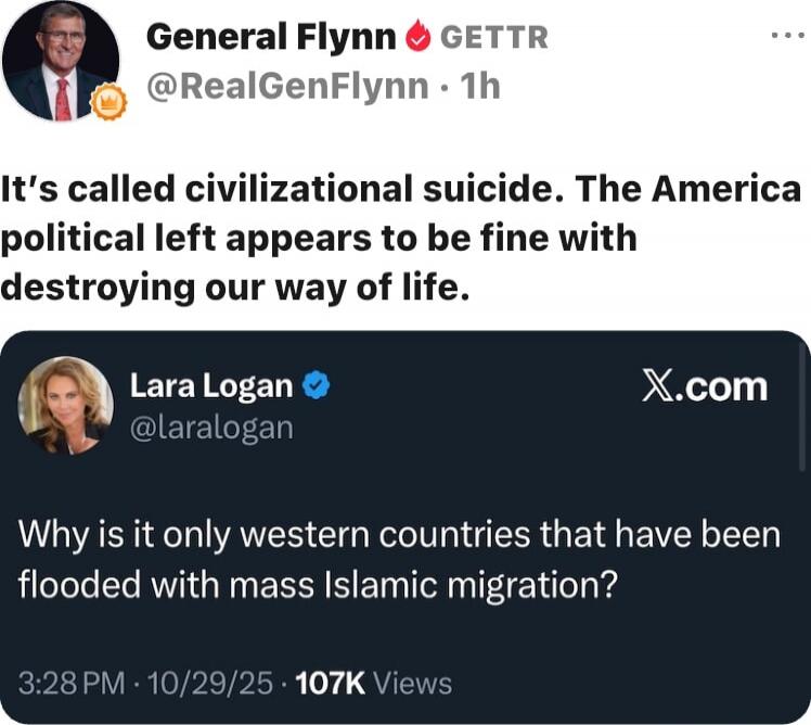 It's called civilization suicide. The America political left appears to be fine with destroying our way of life. Lara Logan @laralogan: Why is it only western countries that have been flooded with mass Islamic migration?
