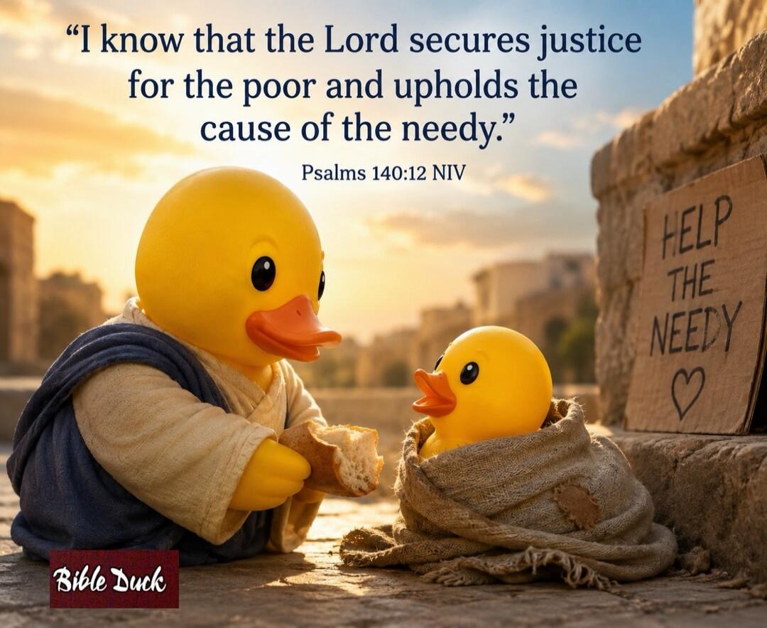 I know that the Lord secures justice for the poor and upholds the cause of the needy. Psalms 140:12 NIV. HELP THE NEEDY. Bible Duck.