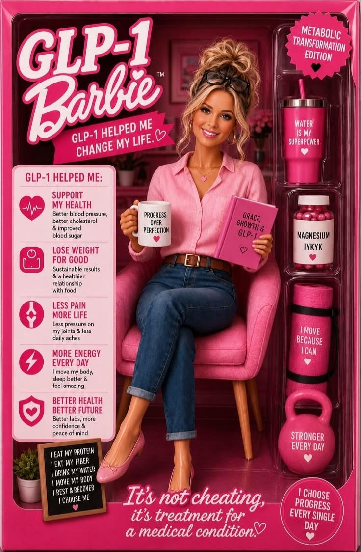GLP-1 Barbie™ GLP-1 HELPED ME CHANGE MY LIFE. METABOLIC TRANSFORMATION EDITION. GLP-1 HELPED ME: SUPPORT MY HEALTH: Better blood pressure, better cholesterol & improved blood sugar. LOSE WEIGHT FOR GOOD: Sustainable results & a healthier relationship with food. LESS PAIN MORE LIFE: Less pressure on my joints & less daily aches. MORE ENERGY EVERY DA