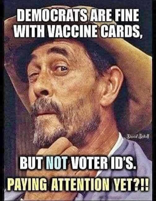 DEMOCRATS ARE FINE WITH VACCINE CARDS, BUT NOT VOTER ID'S. PAYING ATTENTION YET?!