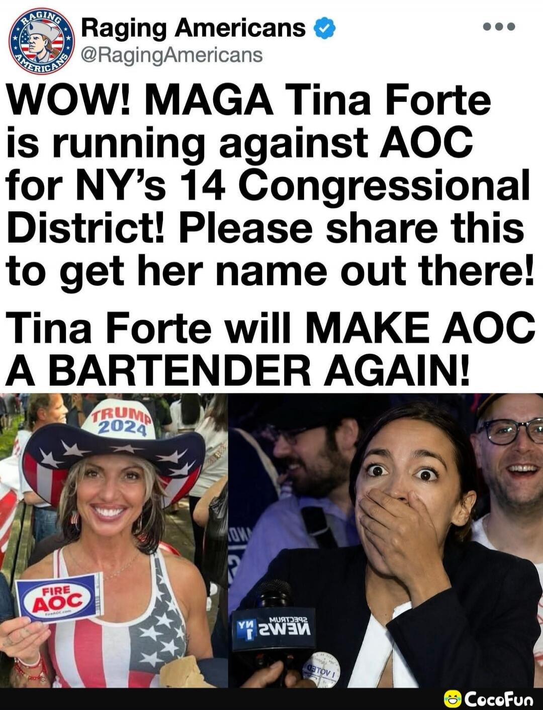 Raging Americans @RagingAmericans WOW! MAGA Tina Forte is running against AOC for NY's 14 Congressional District! Please share this to get her name out there! Tina Forte will MAKE AOC A BARTENDER AGAIN! TRUMP 2024 FIRE AOC