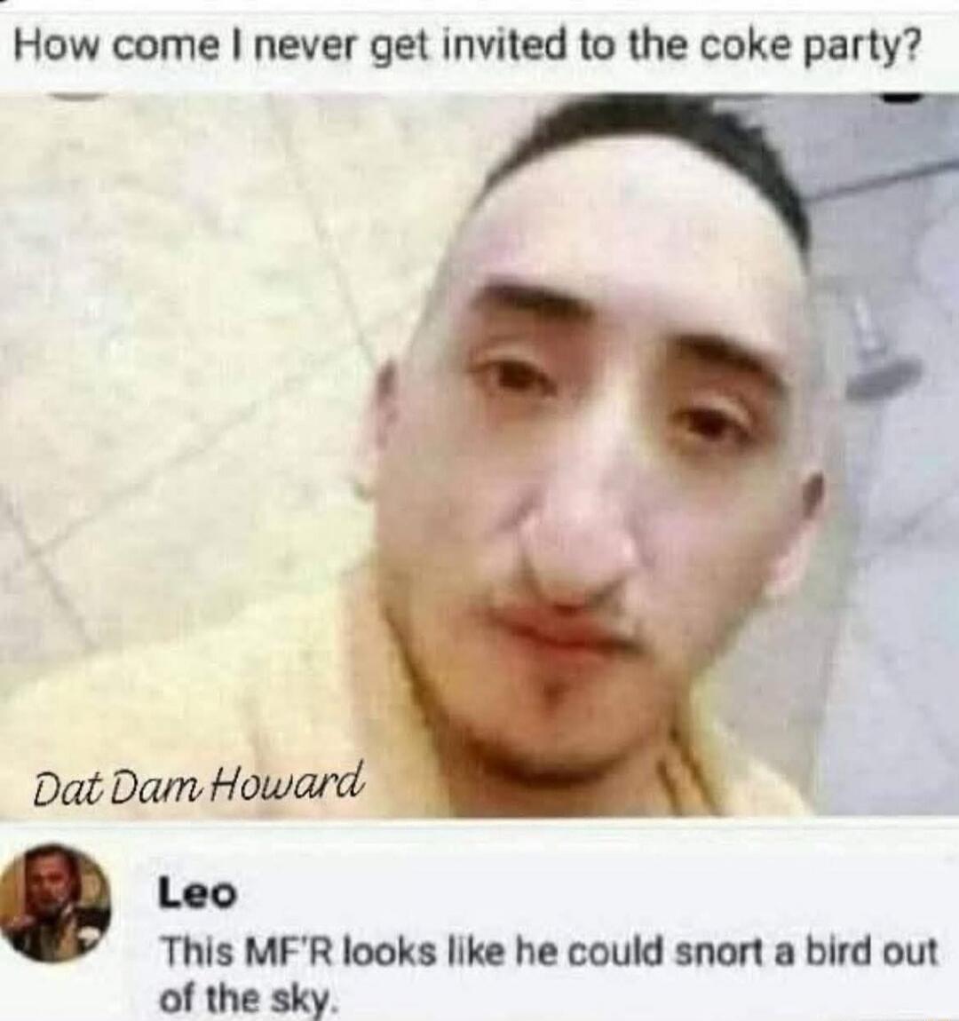 How come I never get invited to the coke party? Dat Damn Howard Leo This MF'R looks like he could snort a bird out of the sky.