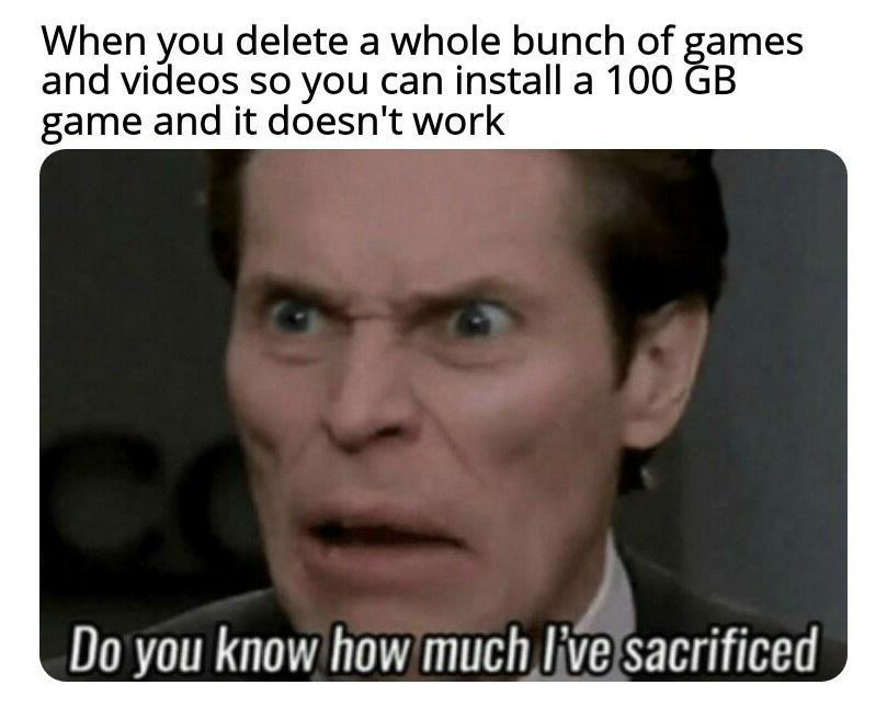 When you delete a whole bunch of games and videos so you can install a 100 GB game and it doesnt work Do you know how much livesacrificed