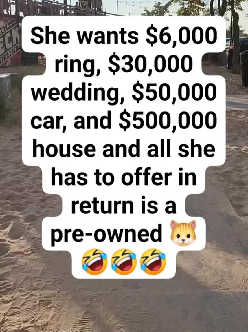 She wants $6,000 ring, $30,000 wedding, $50,000 car, and $500,000 house and all she has to offer in return is a pre-owned 🐱 😂😂😂