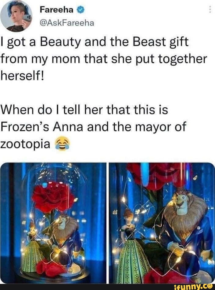 Y Fareeha AskFareeha got a Beauty and the Beast gift from my mom that she put together herself When do tell her that this is Frozens Anna and the mayor of zootopia