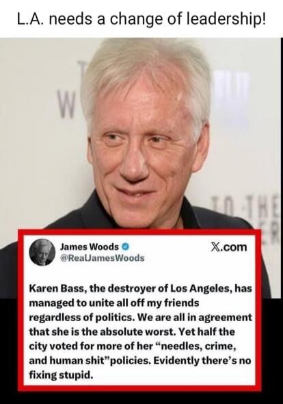 L.A. needs a change of leadership! James Woods @RealJamesWoods Karen Bass, the destroyer of Los Angeles, has managed to unite all off my friends regardless of politics. We are all in agreement that she is the absolute worst. Yet half the city voted for more of her 