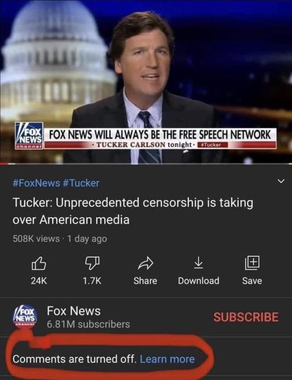 3 FOX NEWS WILL ALWAYS BE THE FREE SPEECH NETWORK TUCKER CARLSON tonight MEITTas FoxNews Tucker 04 Tucker Unprecedented censorship is taking over American media 508K views 1 day ago 6 P L LIS 17K Share Download Save Fox News 681M subscribers SUBSCRIBE Comments are turned off Learn more