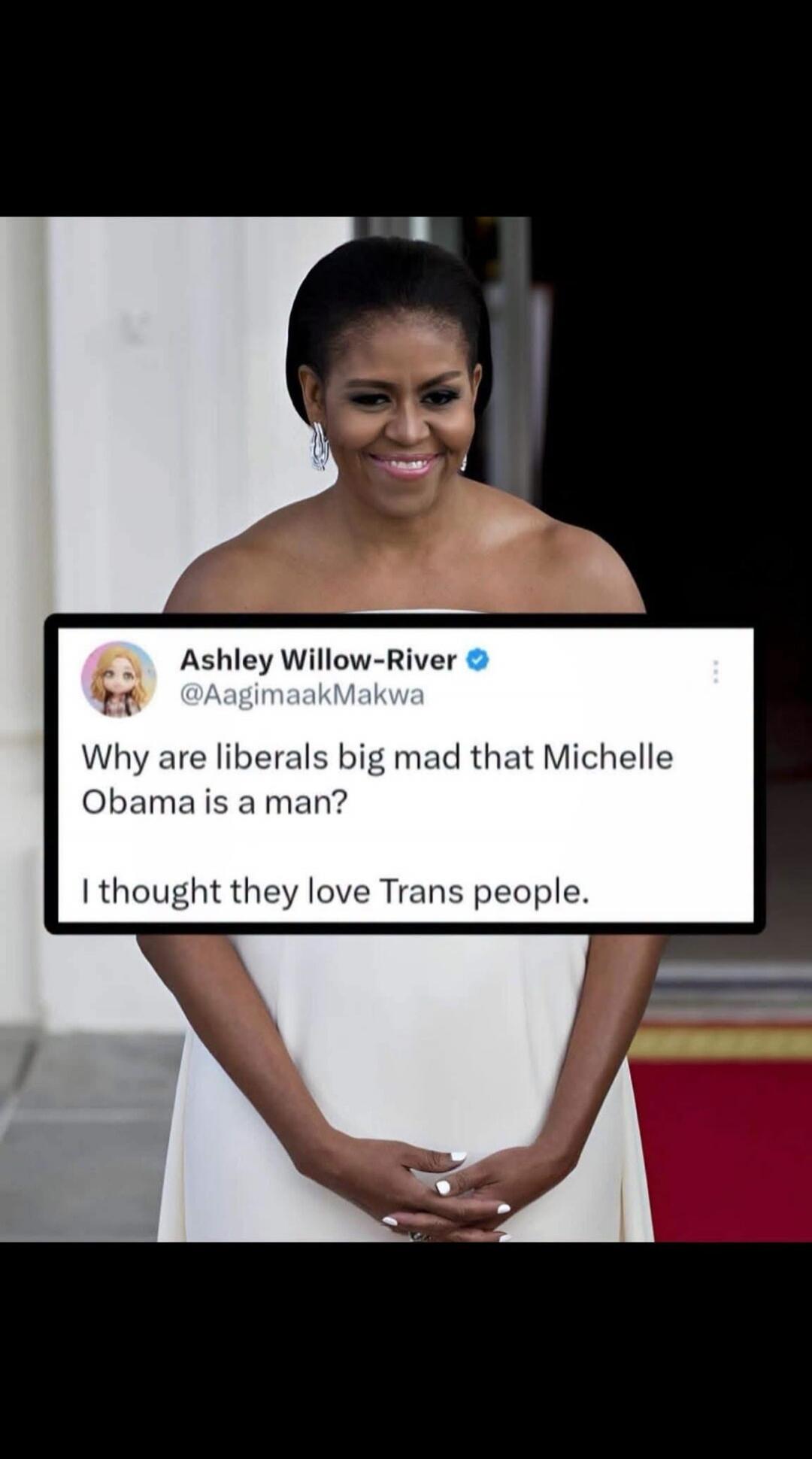 Ashley Willow-River @AagimaakMakwa Why are liberals big mad that Michelle Obama is a man? I thought they love Trans people.