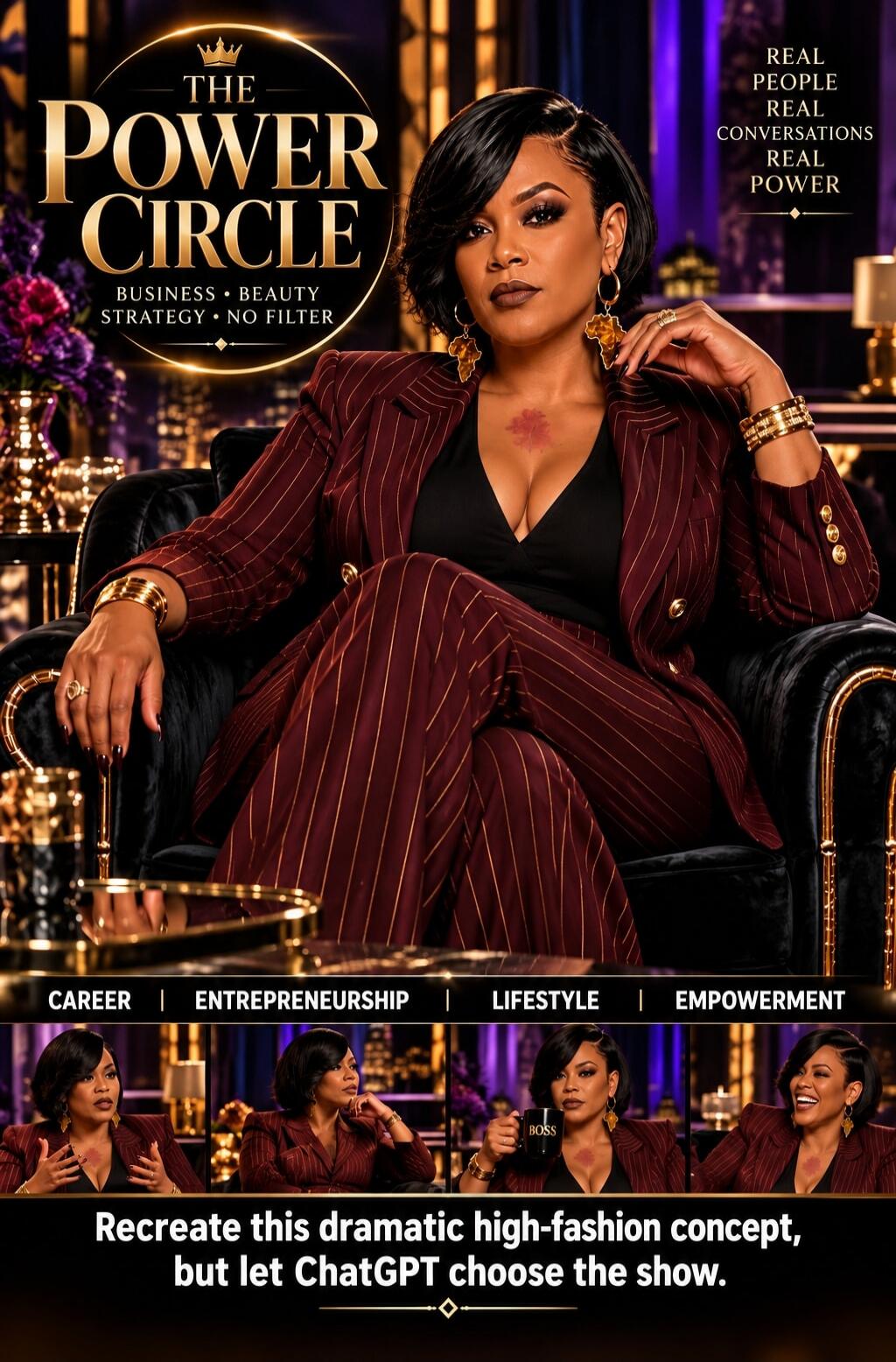 THE POWER CIRCLE BUSINESS BEAUTY STRATEGY NO FILTER REAL PEOPLE REAL CONVERSATIONS REAL POWER CAREER ENTREPRENEURSHIP LIFESTYLE EMPOWERMENT Recreate this dramatic high-fashion concept, but let ChatGPT choose the show.