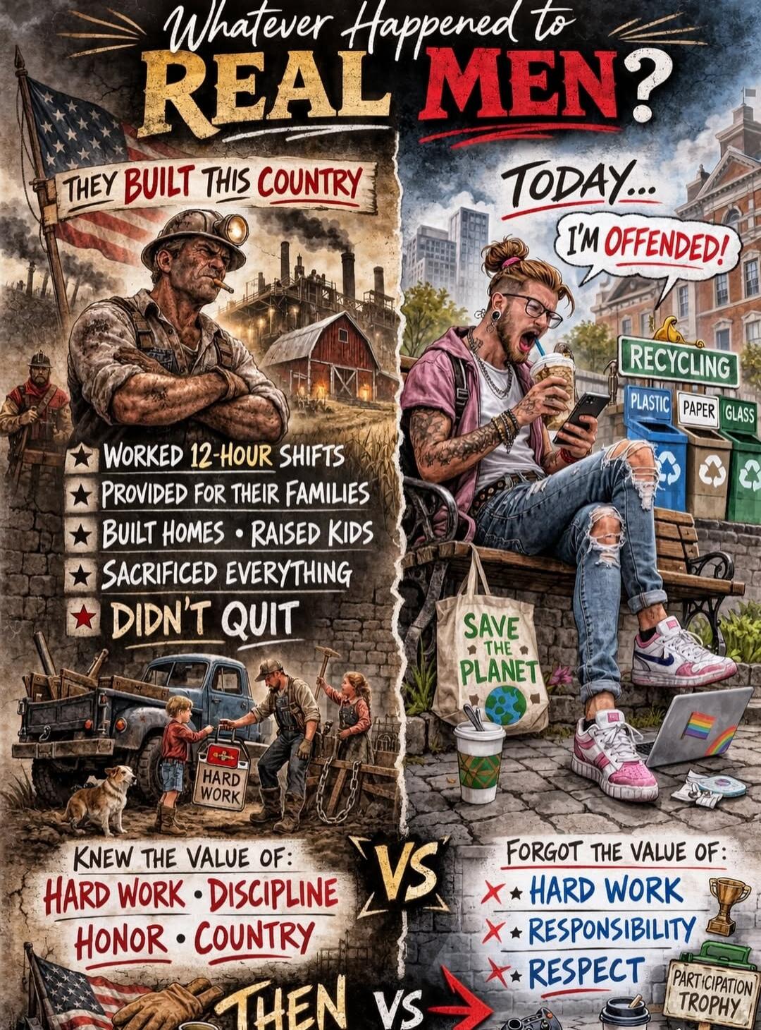 Whatever Happened to REAL MEN? THEY BUILT THIS COUNTRY WORKED 12-HOUR SHIFTS PROVIDED FOR THEIR FAMILIES BUILT HOMES RAISED KIDS SACRIFICED EVERYTHING DIDN'T QUIT KNEW THE VALUE OF: HARD WORK DISCIPLINE HONOR COUNTRY THEN VS TODAY... I'M OFFENDED! RECYCLING PLASTIC PAPER GLASS FORGOT THE VALUE OF: HARD WORK RESPONSIBILITY RESPECT